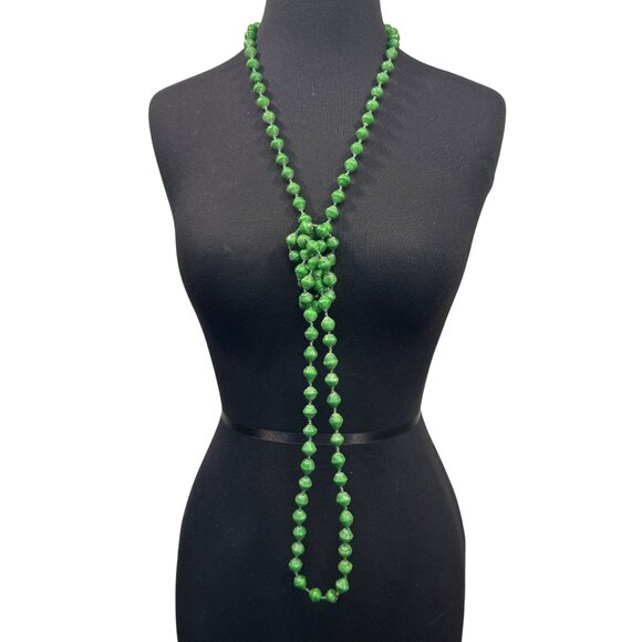 Handmade Long Green Paper Bead Necklace Layered Lightweight 62 inches - Picture 4 of 4